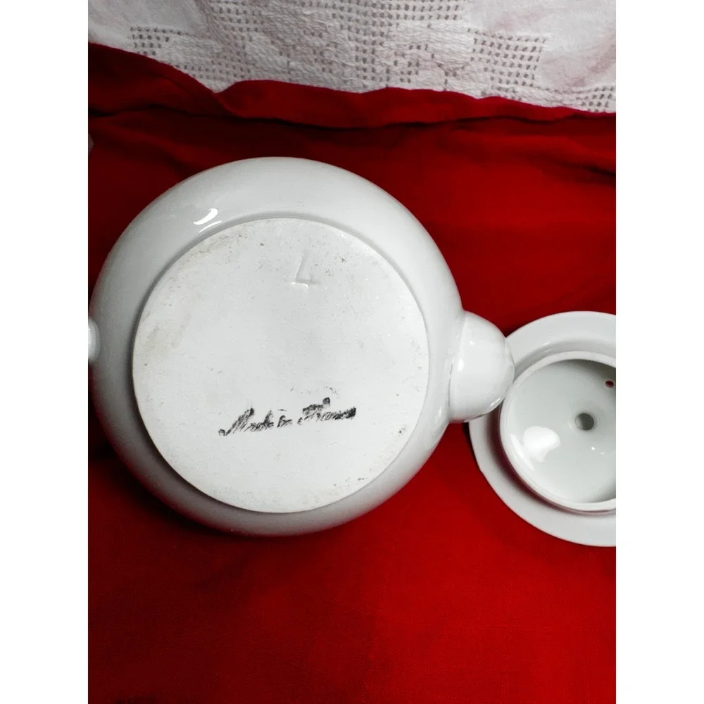 Vintage White Ceramic Teapot Made in France Glossy Porcelain Tea Pot with Lid
